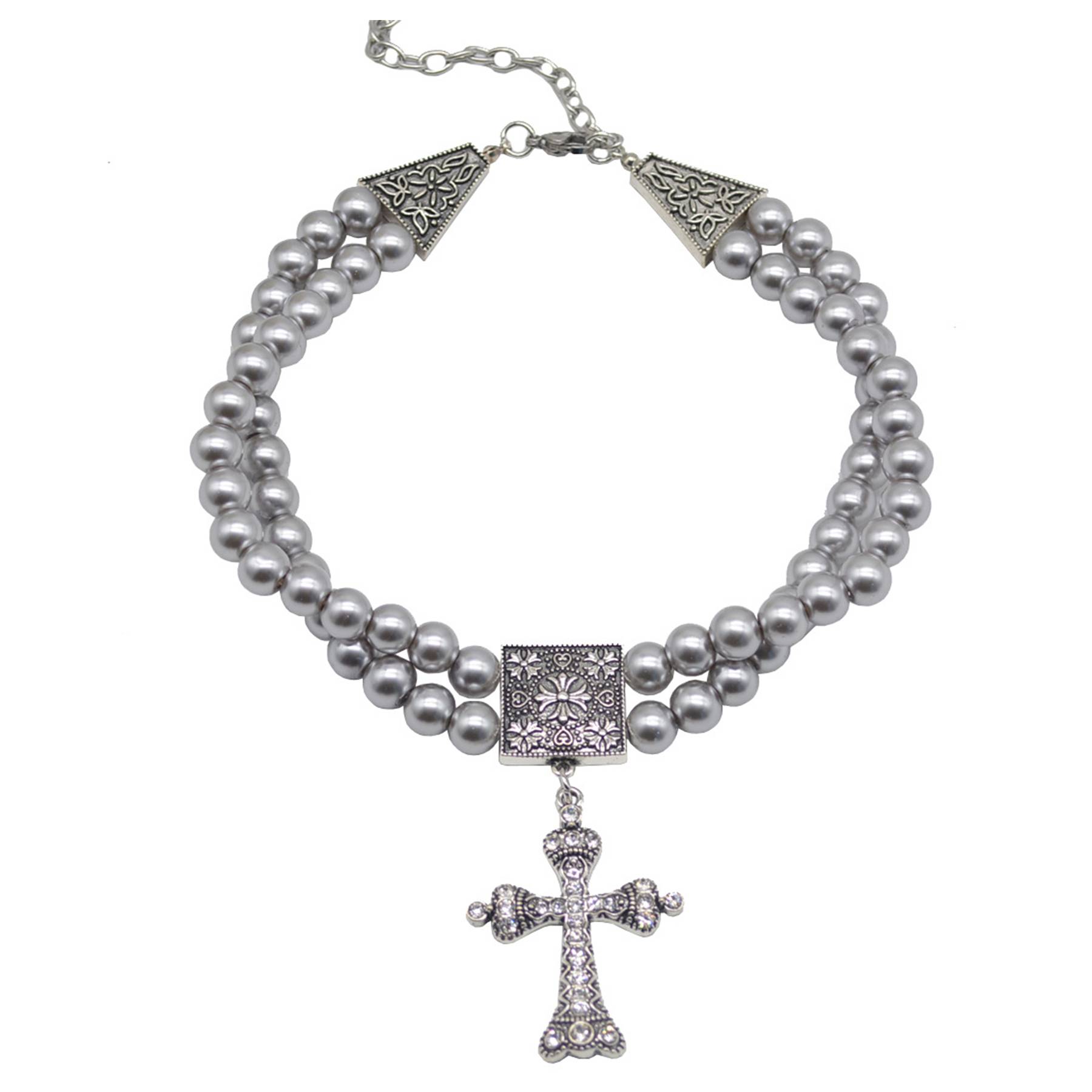 Alloy Double grey pearl rhinestone cross necklace