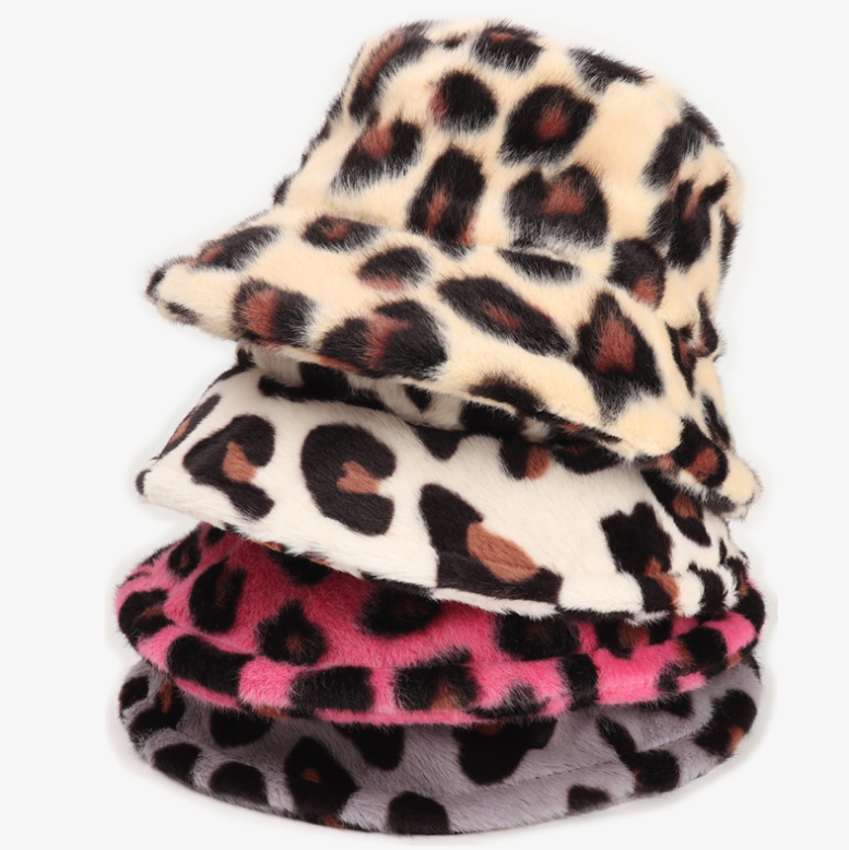 New plush leopard pattern bucket hat winter