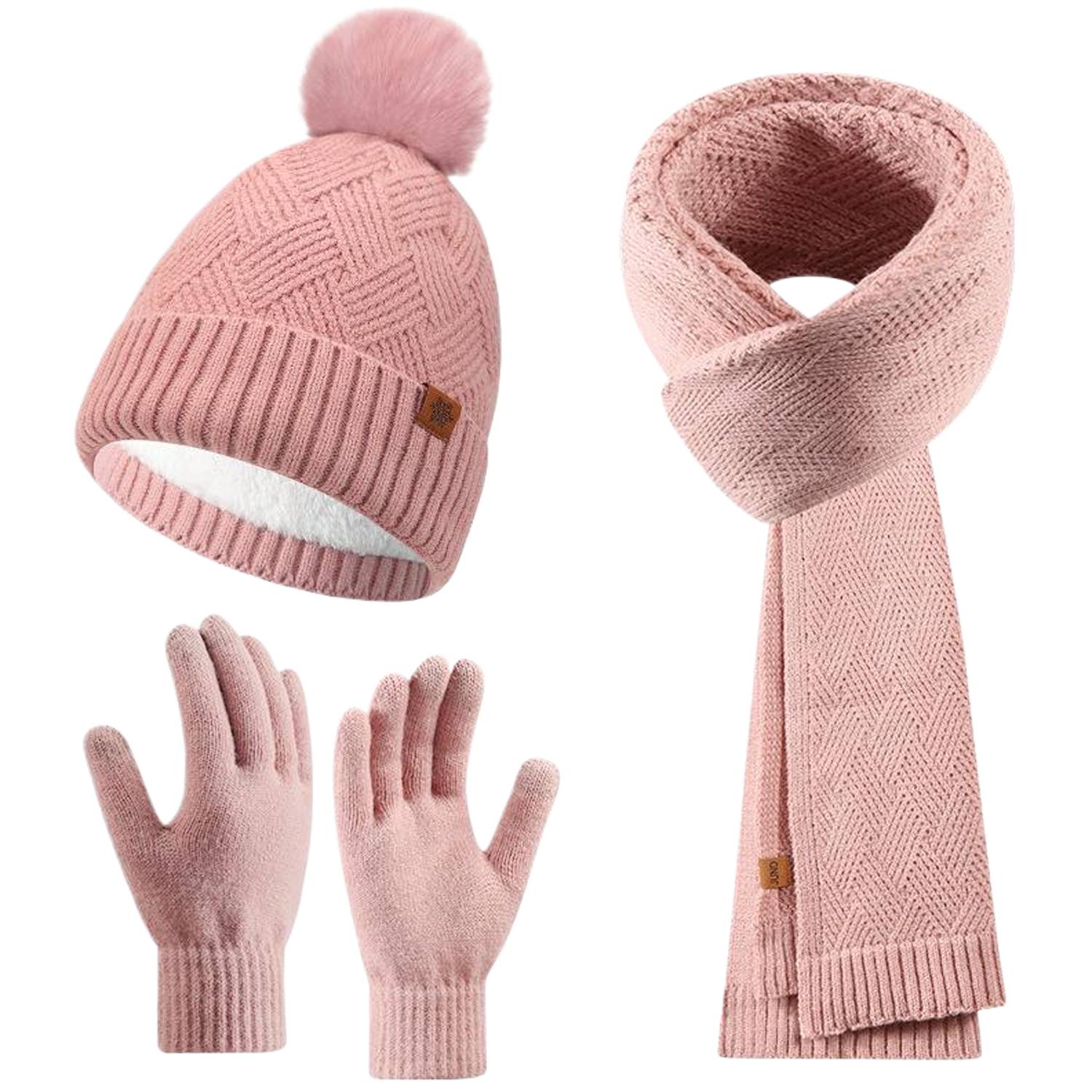 3 Pcs Winter Hat Scarf Gloves Knit Set